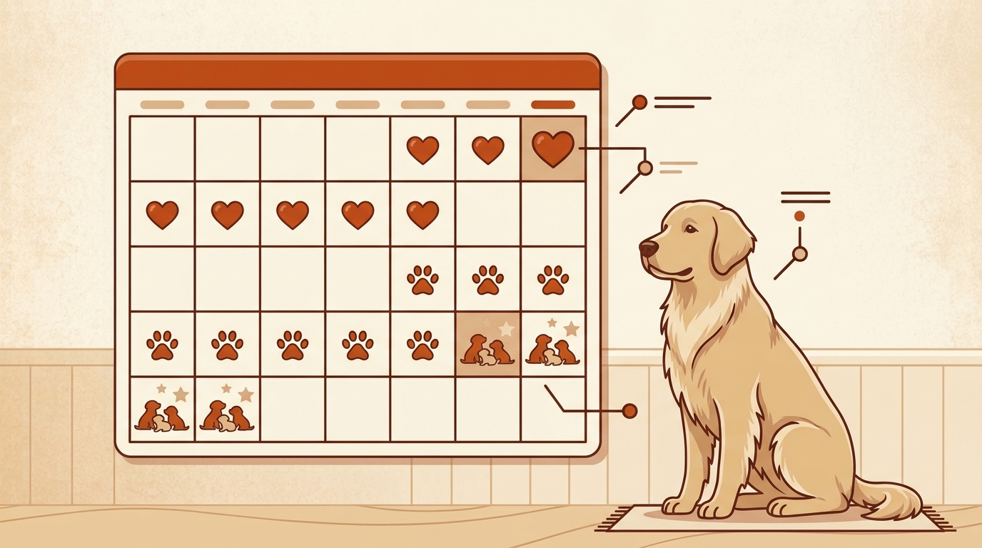 Ilustración de un calendario reproductivo canino con las fases del ciclo