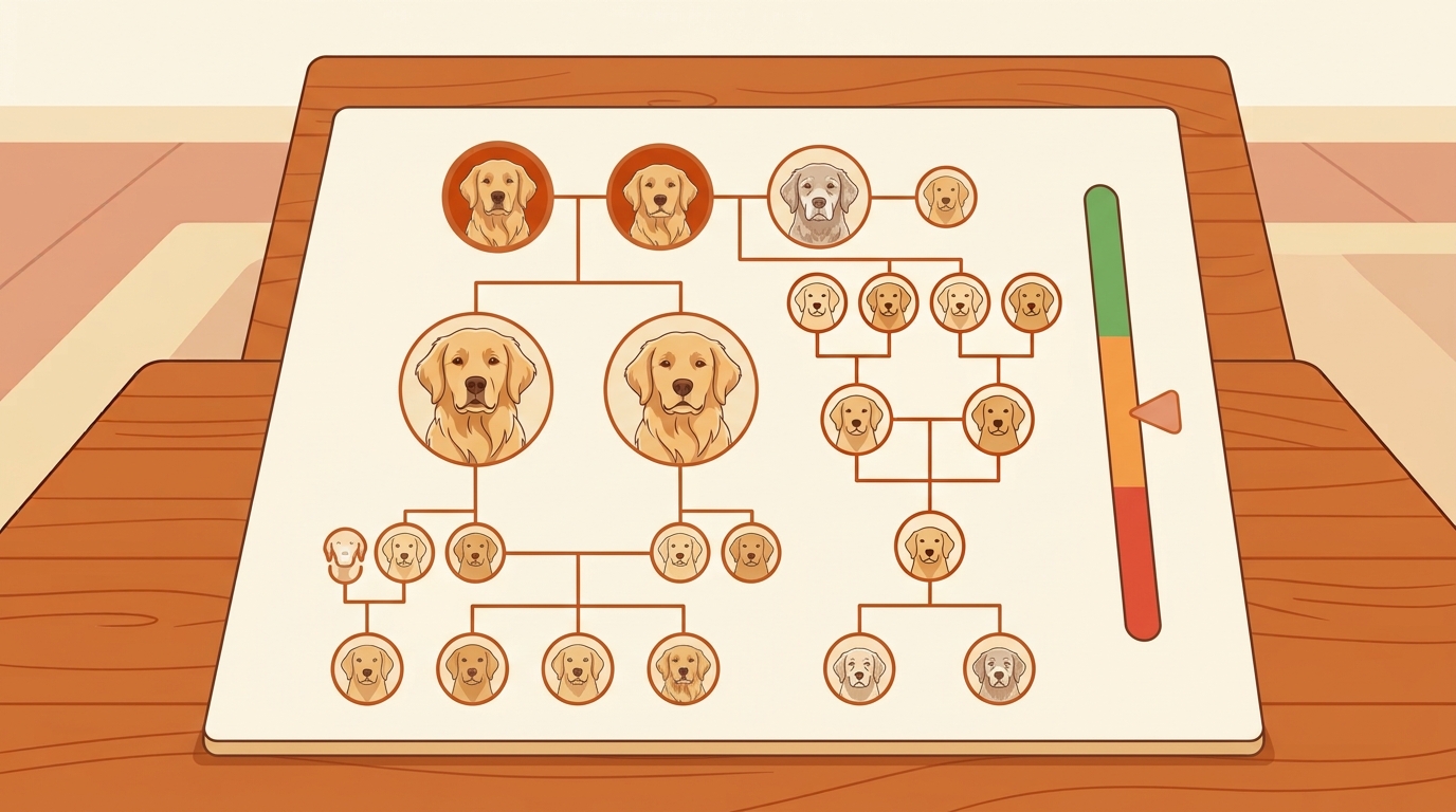 Ilustración de un árbol genealógico con ancestros comunes resaltados y un medidor de consanguinidad