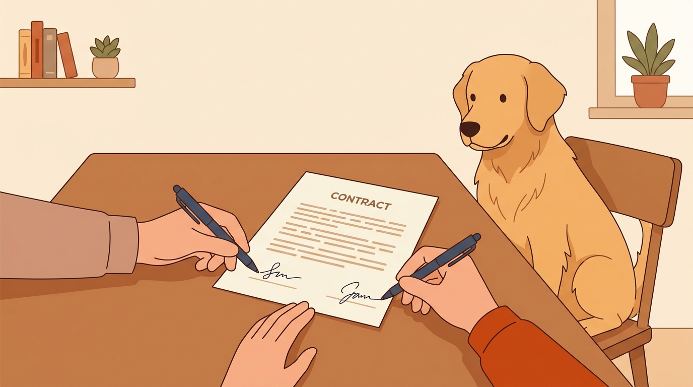 Un contrato de compraventa de cachorro sobre una mesa, listo para firmar