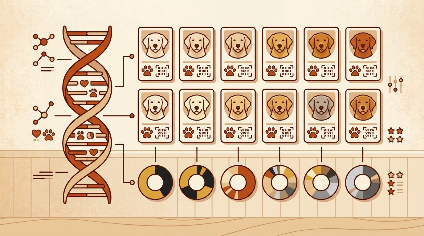 Ilustración de fichas de genotipo canino con hélices de ADN y loci de color