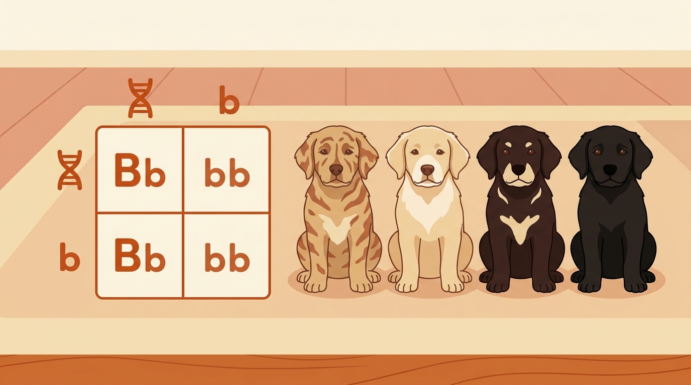 Ilustración de cachorros de distintos colores con un pequeño diagrama de cruce genético