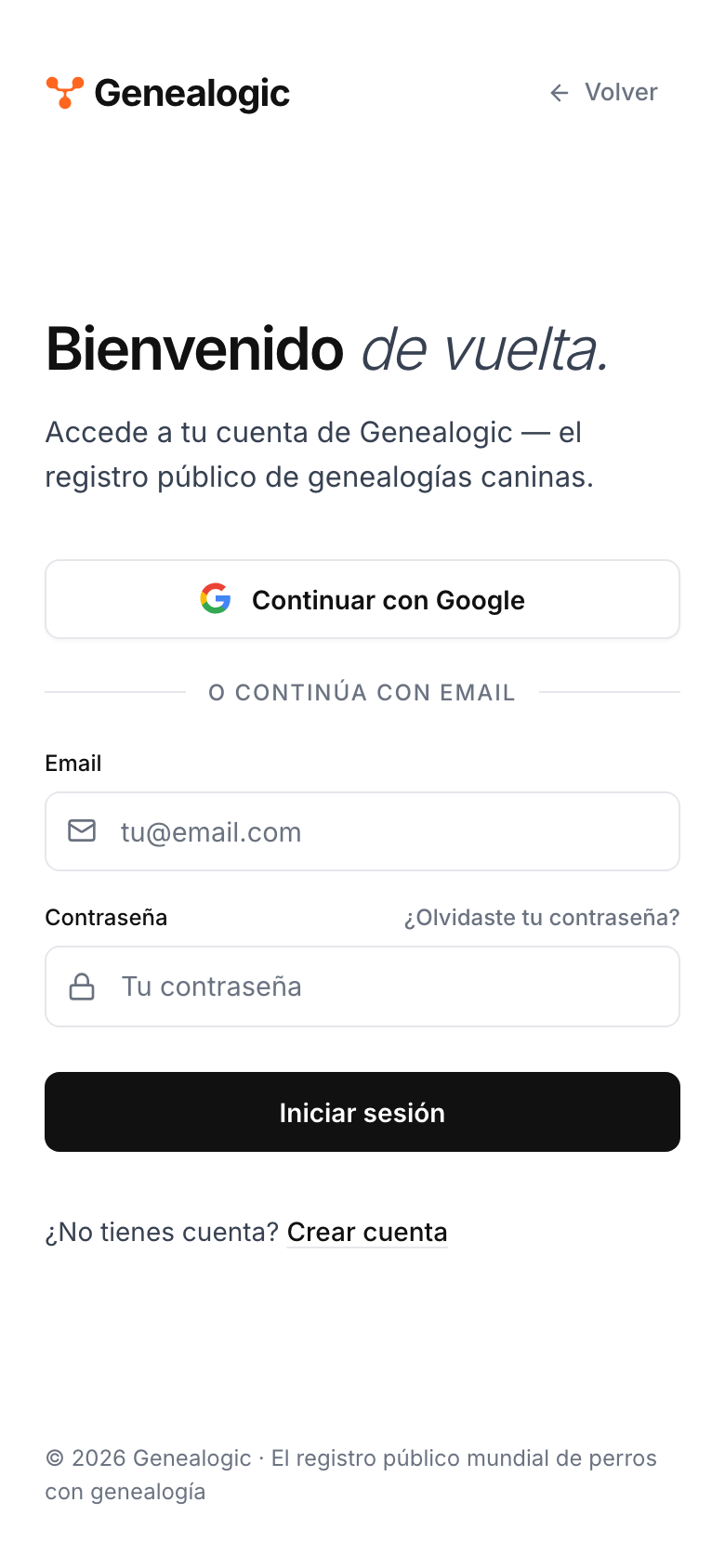 Pantalla de inicio de sesión de Genealogic en iOS